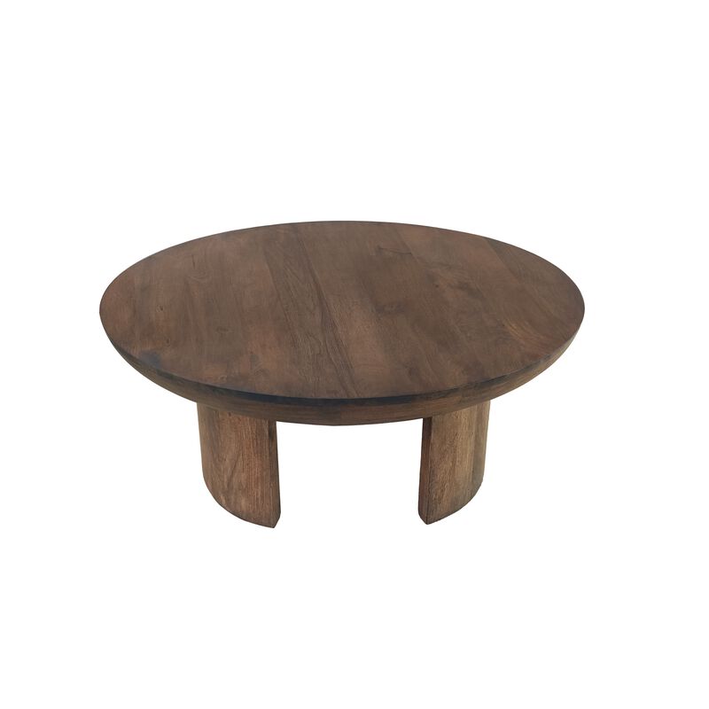 35 Inch Coffee Table, Handcrafted Round Mango Wood Top, Modern Curved Tripod Legs, Walnut Brown