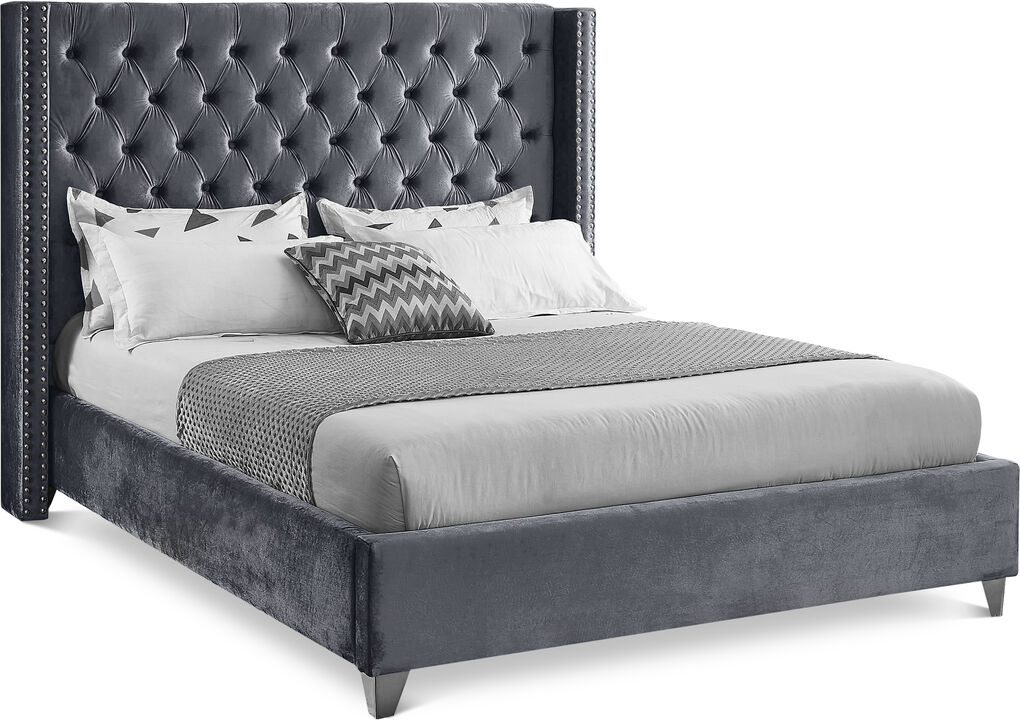 Meridian Furniture Aiden Grey Velvet Queen Bed