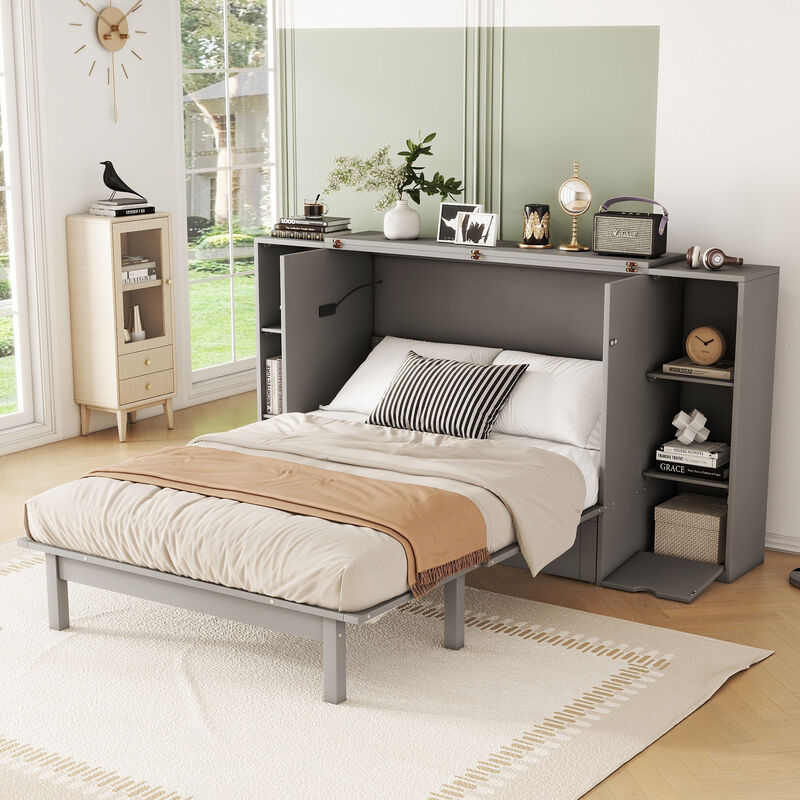 Whisen Modern Design Full Size Murphy Bed, Folded into a Cabinet with Shelves, Drawers and USB Ports