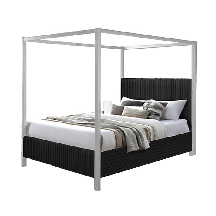 Keri Queen Canopy Bed, White Slatted Wood Frame, Black Upholstery