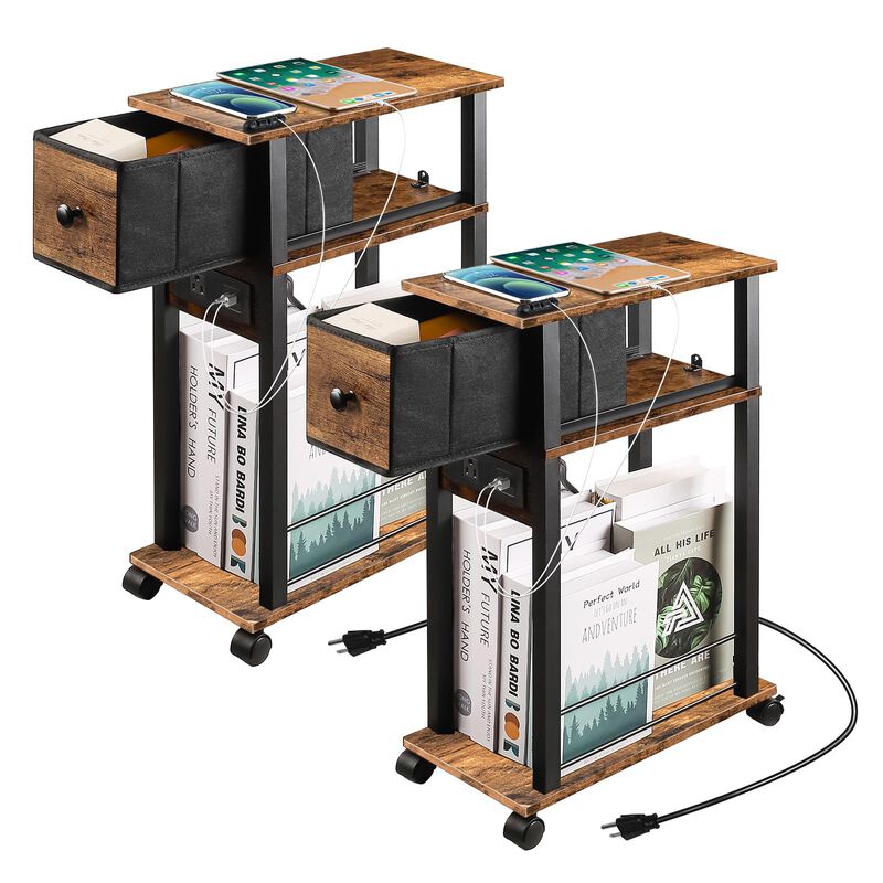 Small Side Table with Charging Station and Drawer, Set of 2 Narrow End Table with USB Ports and Outlets for Small Space, Living