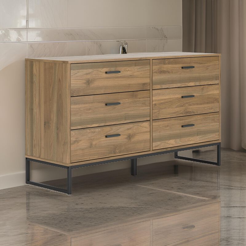 Deana Wide Dresser, 6 Drawers, Brown Wood, Black Metal Base, 59 Inch - Benzara