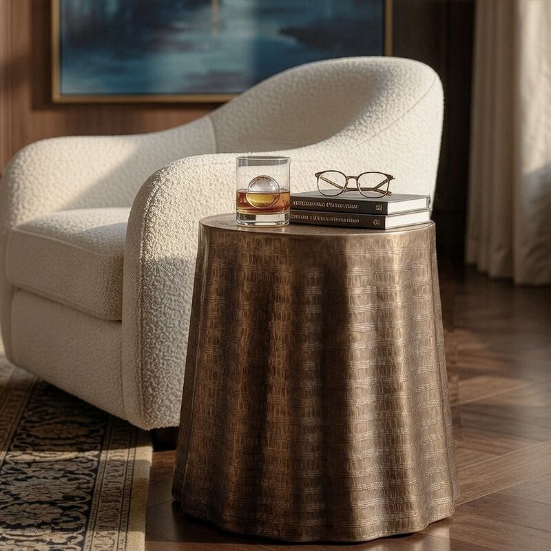 Liora 19" Side End Table , Handcrafted Bronze-Finish Aluminum , Hammered Round Design image number 2
