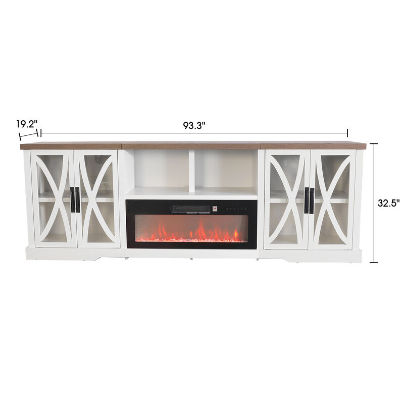 93" Farmhouse White TV Stand with 36" Insert Electric Fireplace Heater, Open Storage Shelves and Cabinets Media Console for TVs up to 85"