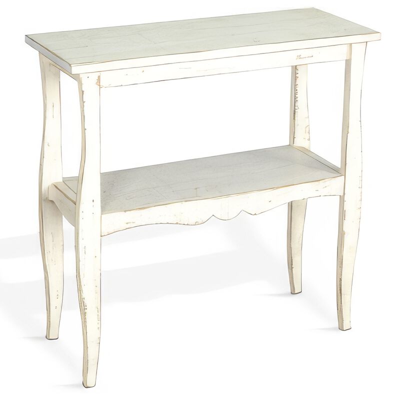 Rena Side End Table, Scallop Trim, 28 Inch Distressed White Mahogany