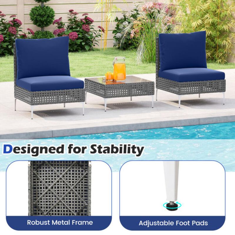 Hivvago 3 Pieces PE Rattan Conversation Chairs with Tempered Glass Coffee Table for Garden Porch