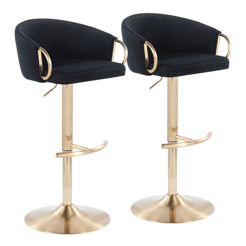 Lumisource Claire Contemporary/Glam Adjustable Bar Stool in Gold Metal, Velvet - Set of 2