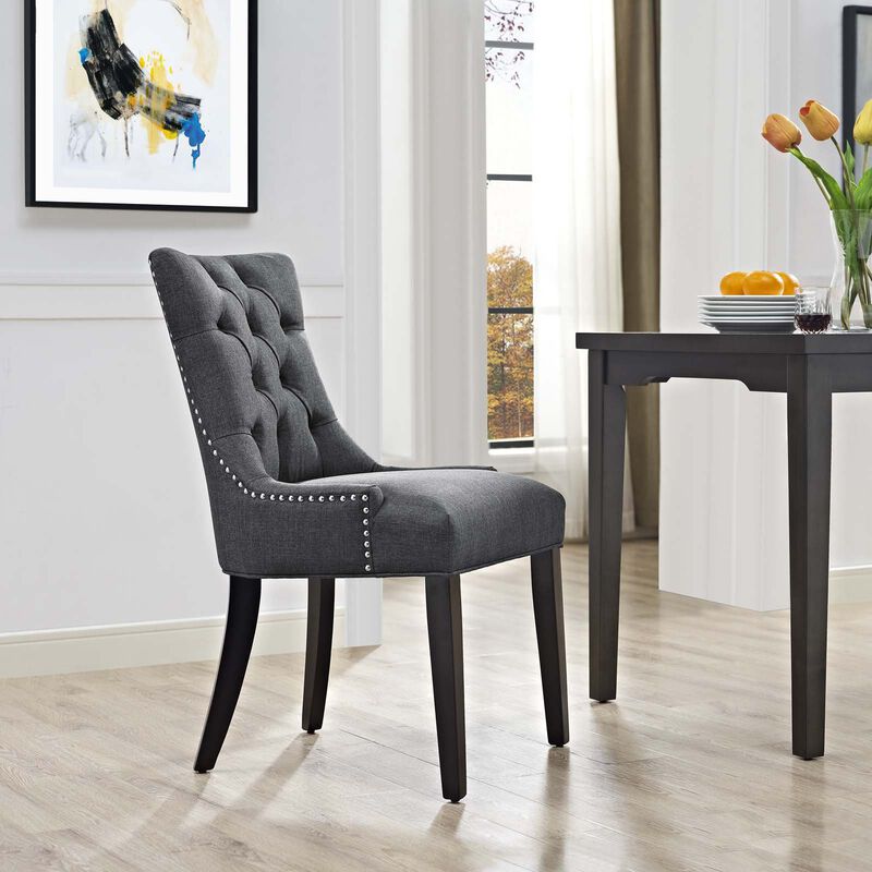 25 Inch Modern Dining Chair, Button Tufted Back, Dark Gray Fabric-Benzara