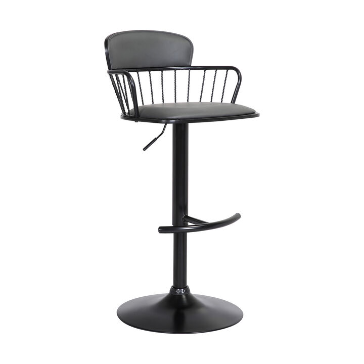 Nash Adjustable Black Wood Stool in Grey Faux Leather with Black Metal