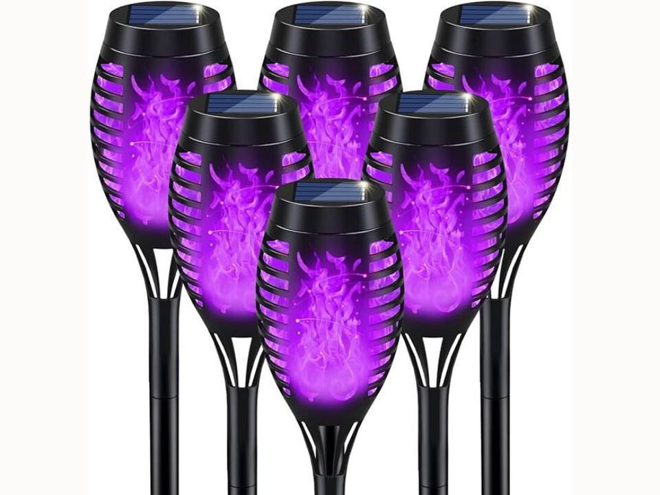 Purple Halloween Solar Torch Lights – Flickering Flame, Waterproof LED Yard Decor with Timer for Garden, Pathway & Patio