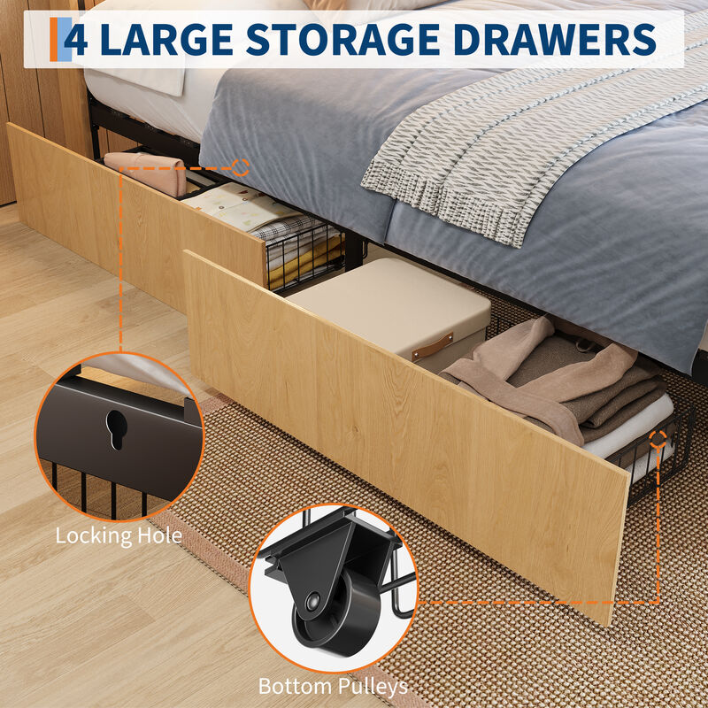Modern Farmhouse Rattan Platform Bed Frame with Under‑Bed Storage Drawers, Noise‑Free Wooden Slats, No Box Spring Required image number 2