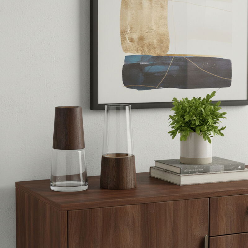 HomeRoots Set of Two Brown And Clear Glass Tapered Table Vases With Wood image number 1