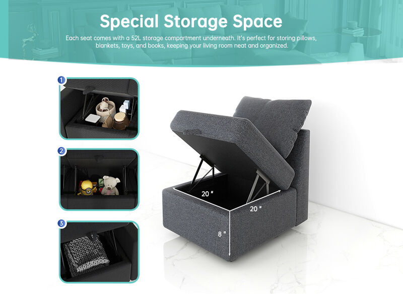 Livelylodge Modular 4-Seat Sofa with Wooden Frame and Pull-Out Bed, Convertible Sectional Sofa for Living Room, Available in Black, Beige, and Gray 109" L x 30.5" W x 34" H