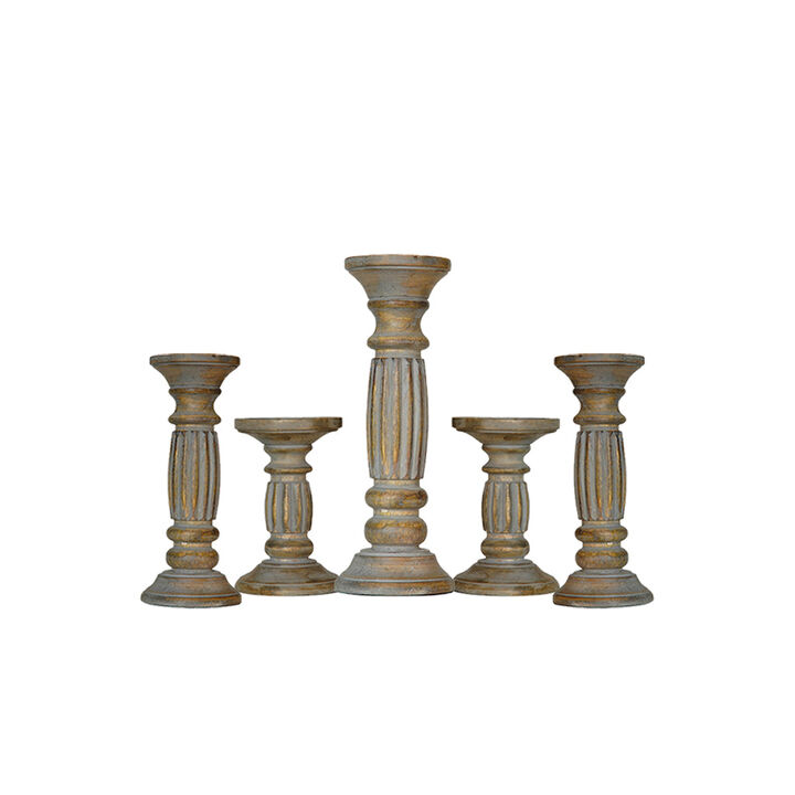 Traditional Gray Wash Eco-friendly Handmade Mango Wood Set Of Five 6",9",12",9" & 6" Pillar Candle Holder