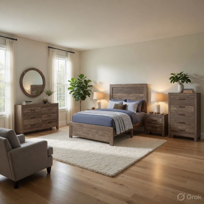 Full Size Bedroom Set, Brown Finish, Panel Design, 5-Piece Set with Bed, Nightstand, Dresser, Mirror and Chest image number 1