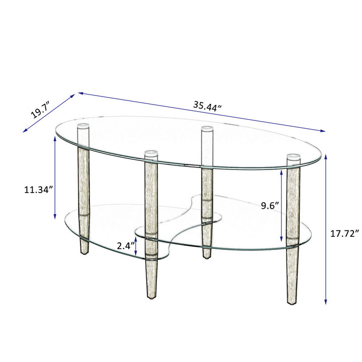 Transparent Oval glass coffee table, modern table in living room Oak wood leg tea table 3-layer glass table