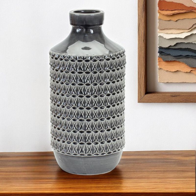 Hivvago 15 Inch Gray Geometric Cylinder Terracotta Table Vase