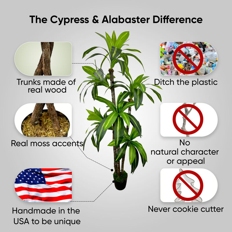 Handmade 6' Artificial Dracaena Tree In Home Basics Starter Pot Made with Real Wood and Moss Accents