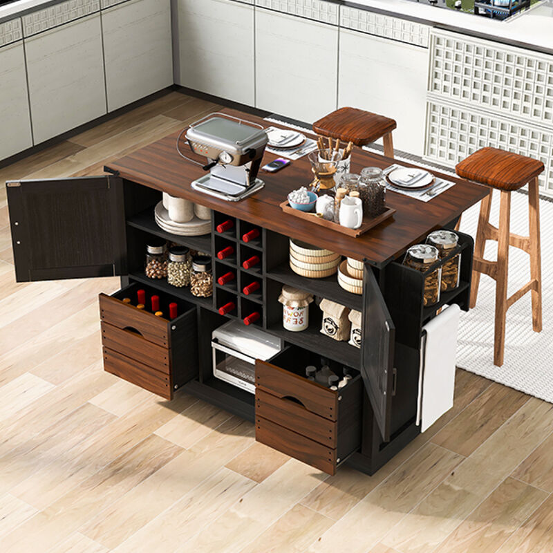 ELEMENT ACE Farmhouse Kitchen Island Cart with Foldable Leaf, Built-In Power Outlet, Ample Storage Drawers and Cabinets image number 8