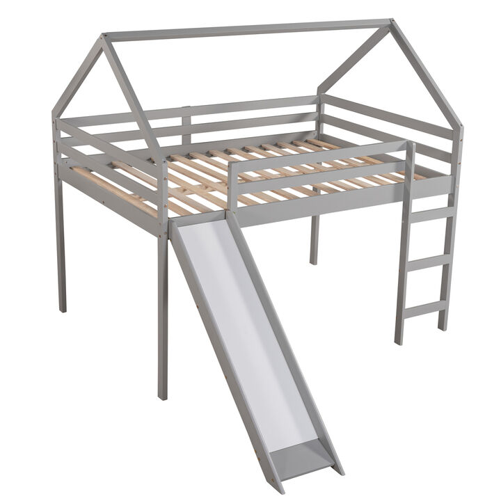 Full Size Loft Bed with Slide, House Bed with Slide