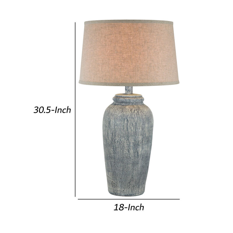 Leni 31 Inch Hydrocal Table Lamp, Drum Shade, Blue Gray Tall Urn Base  - Benzara