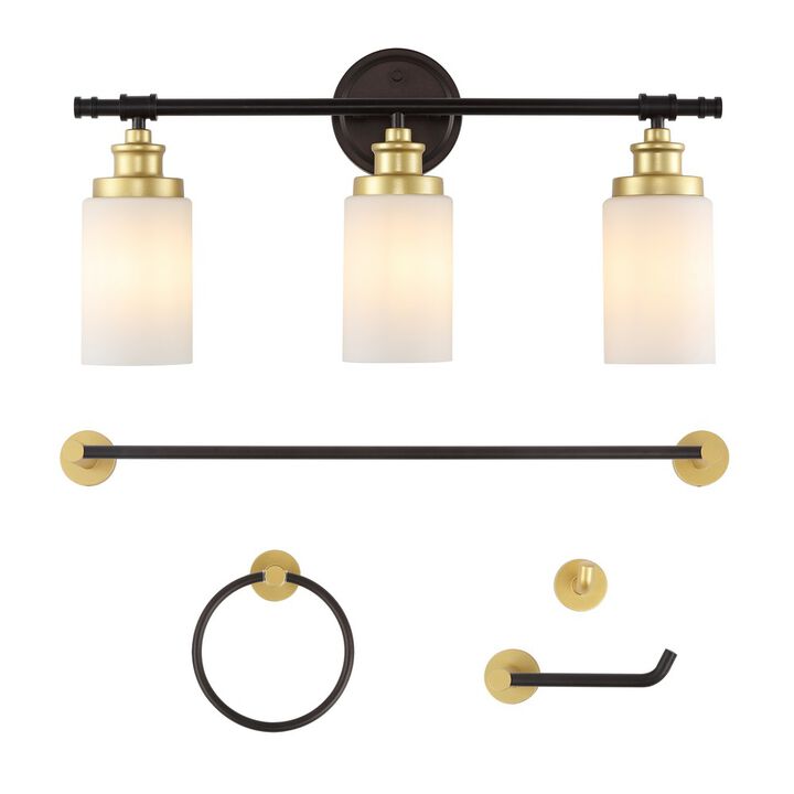 Egan 23.25" 3-Light Classic Cottage Vanity Light with Frosted Glass Shades and Bathroom Hardware Accessory 5-Piece Set