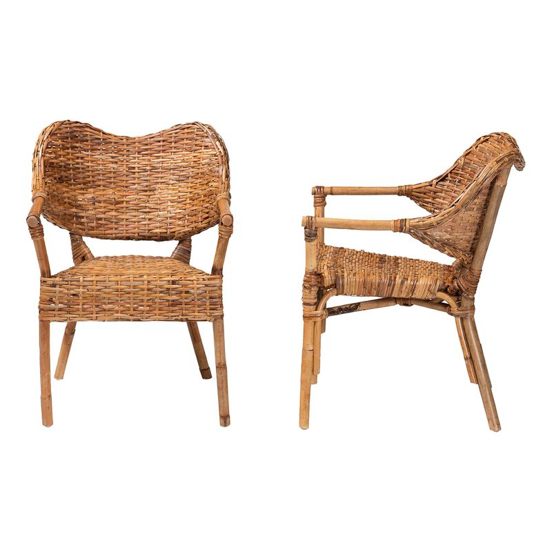 bali & pari Tara 2-Piece Natural Rattan Dining Chair - Handwoven Wicker Armchair with Curved Backrest, Boho Coastal Seating