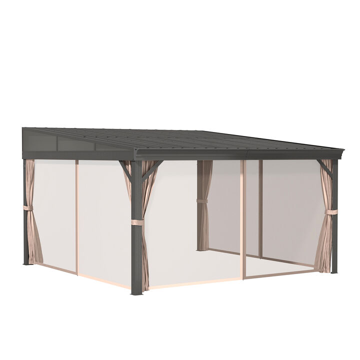 Mondawe Outdoor Wall-Mounted Hardtop Gazebo Aluminum Frame Galvanized Steel Roof Sunroom with Curtains and Netting