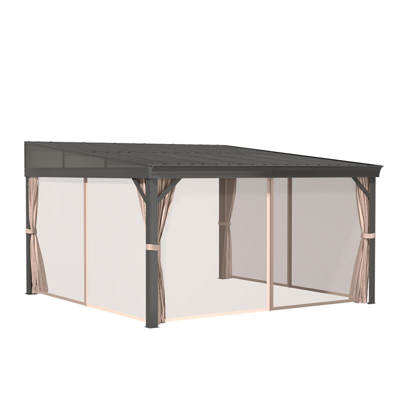 Mondawe Outdoor Wall-Mounted Hardtop Gazebo Aluminum Frame Galvanized Steel Roof Sunroom with Curtains and Netting