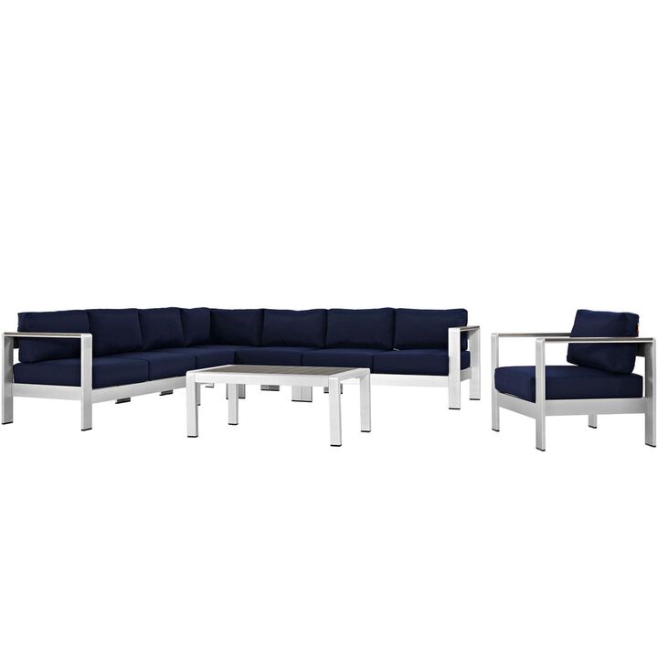 Modway Shore 7-Piece Aluminum Outdoor Patio Sectional Sofa Set in Silver Navy