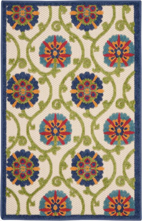 HomeRoots 3' X 4' Navy Blue Beige Green Blue And Red Floral Indoor Outdoor Area Rug