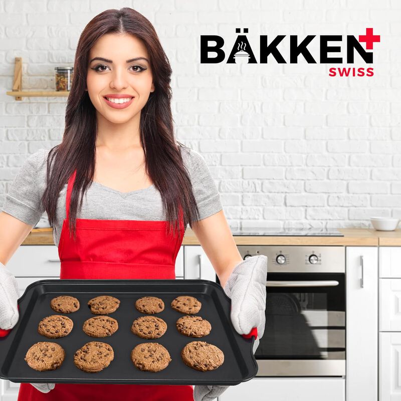 Nonstick Cookie Sheet Pan Carbon Steel Oven Tray Sheet Pan with Red Silicone Handles - Bakeware Pan Tray with Gray Coating Inside & Outside