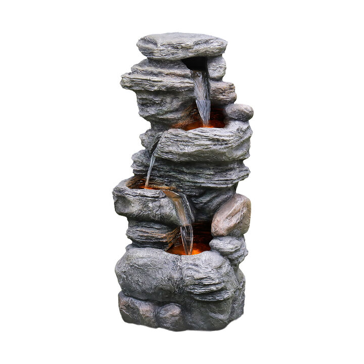 Outdoor Faux Stone 4-Tier Water Fountain with LED, Gray