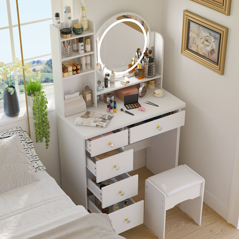 5-Drawers White Wood Makeup Vanity Set Dressing Desk W/ Stool, LED Round Mirror and Storage Shelves 52x 31.5x 15.7 in.