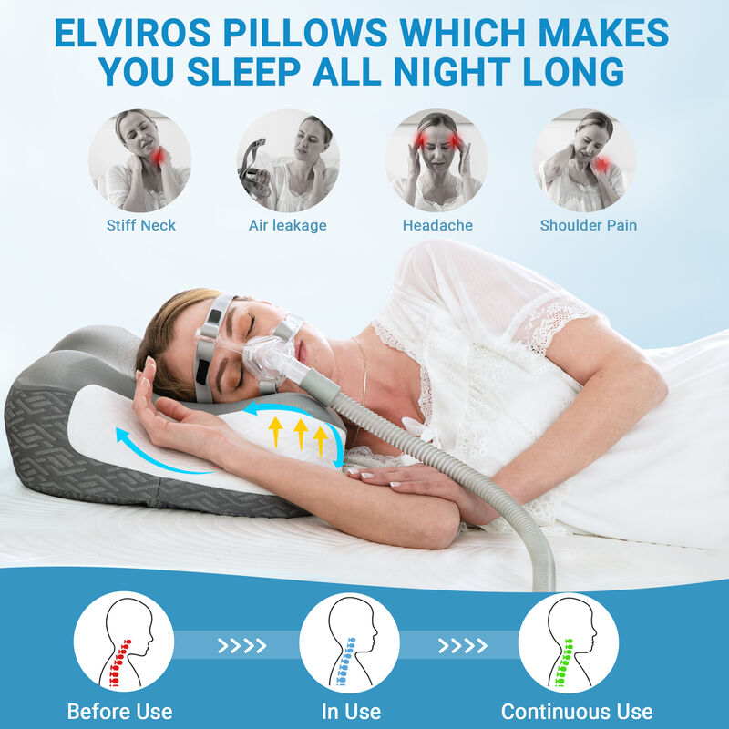 Elviros Cervical Neck Pillow for Neck Pain Relief, CPAP Pillow for Side, Back & Stomach Sleepers, Ergonomic Orthopedic Pillow for CPAP Users to Reduce Air Leaks and Mask Pressure, Dark Grey