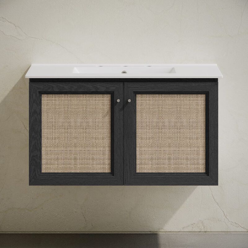 36" Wall-Mounted Bathroom Vanity, Black Oak, Widespread Faucet Holes Vanity Top image number 2