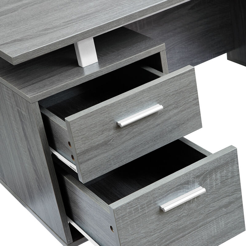 HomeRoots 51" Gray and Silver Wood and Steel Pedestal Executive Desk With Two Drawers image number 3