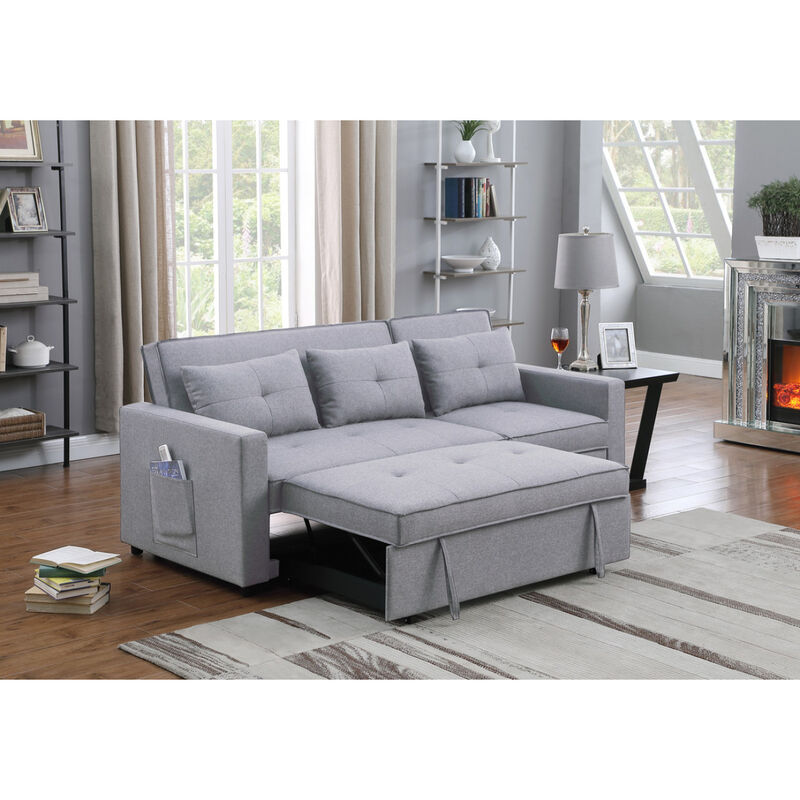 Zoey Light Gray Linen Convertible Sleeper Sofa with Side Pocket