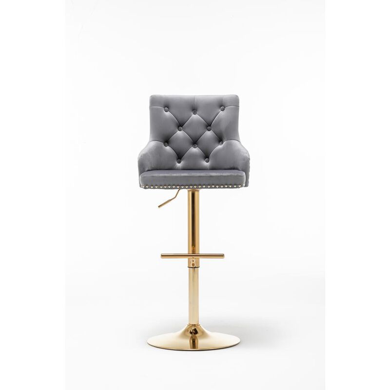 Brightcast 2-piece Velvet Tufted Gold Bar Stools in Dark Gray