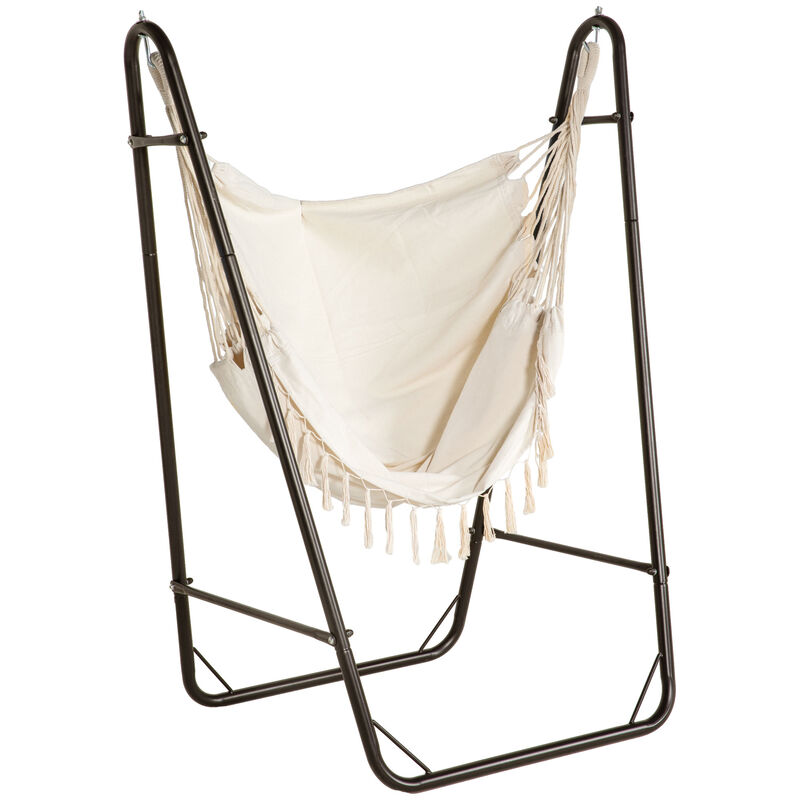 Outsunny Patio Hammock Chair with U Shape Stand, Outdoor Hammock Swing Hanging Lounge Chair with Side Pocket, Cream White