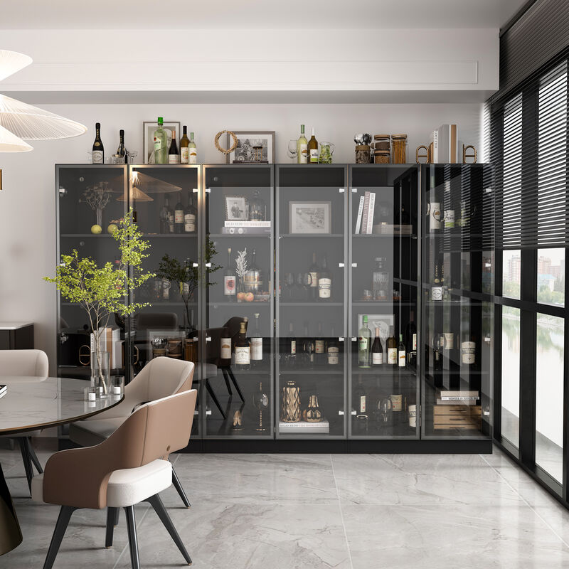 FUFU&GAGA Wood Storage Cabinet Display Cabinet with Tempered Glass Doors, 3-Color LED Lights, and Aluminum Framed, (94.5" L x 15.7" W x 63" H), Black