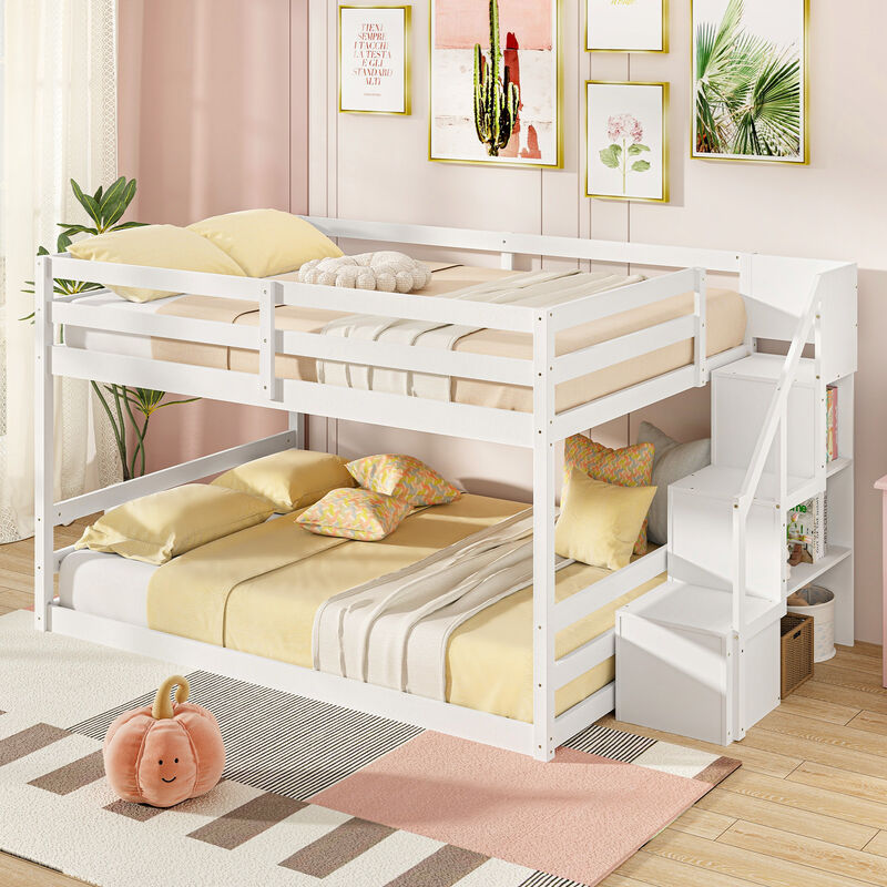 Space-Saving Solid Wood Bunk Bed with Staircase and Storage Drawers