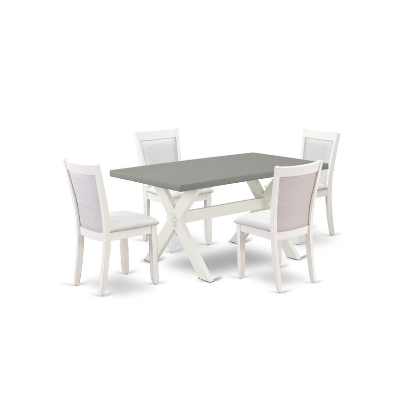 East West Furniture 5-Piece Modern Dining Table Set Includes a Mid Century Dining Table and 4 Cream Linen Fabric Dinning Room Chairs with Stylish Back - Wire Brushed Linen White Finish