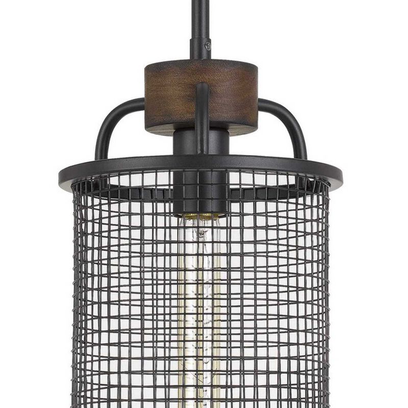 Cylindrical Grid Design Metal Chandelier with Wooden Accent, Black - Benzara