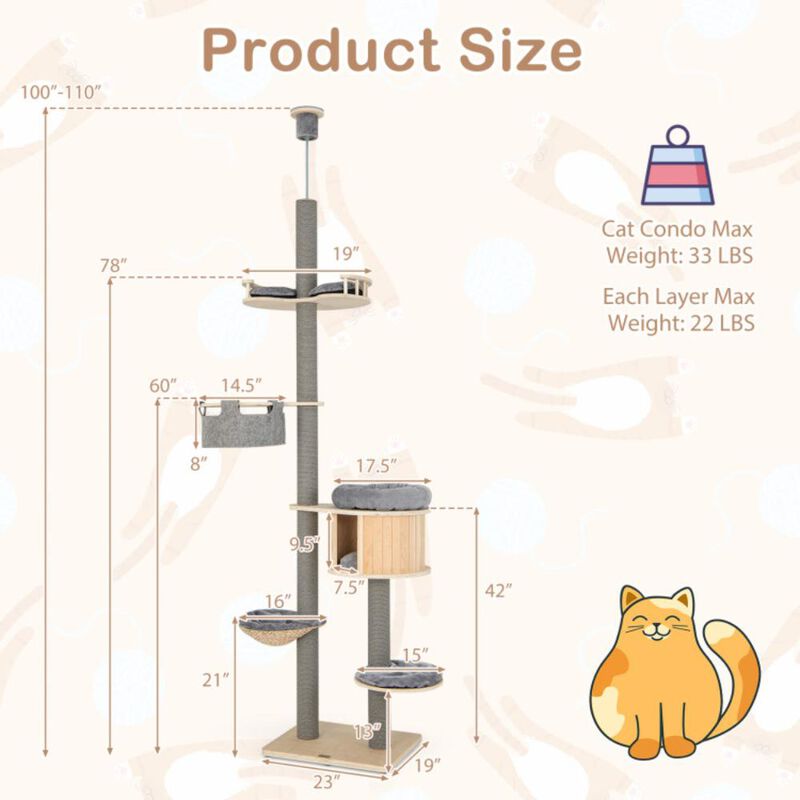 Hivvago 6tier FloortoCeiling Cat Tree 100110 Inches Adjustable Height