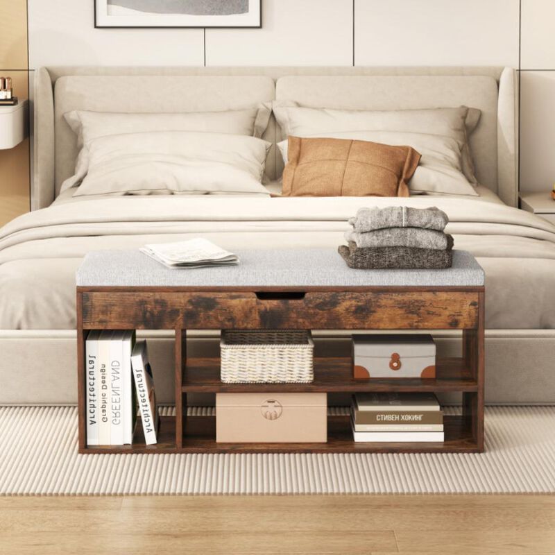 Hivvago Padded Seat Shoe Bench with Hidden Storage and 3 Open Shelves
