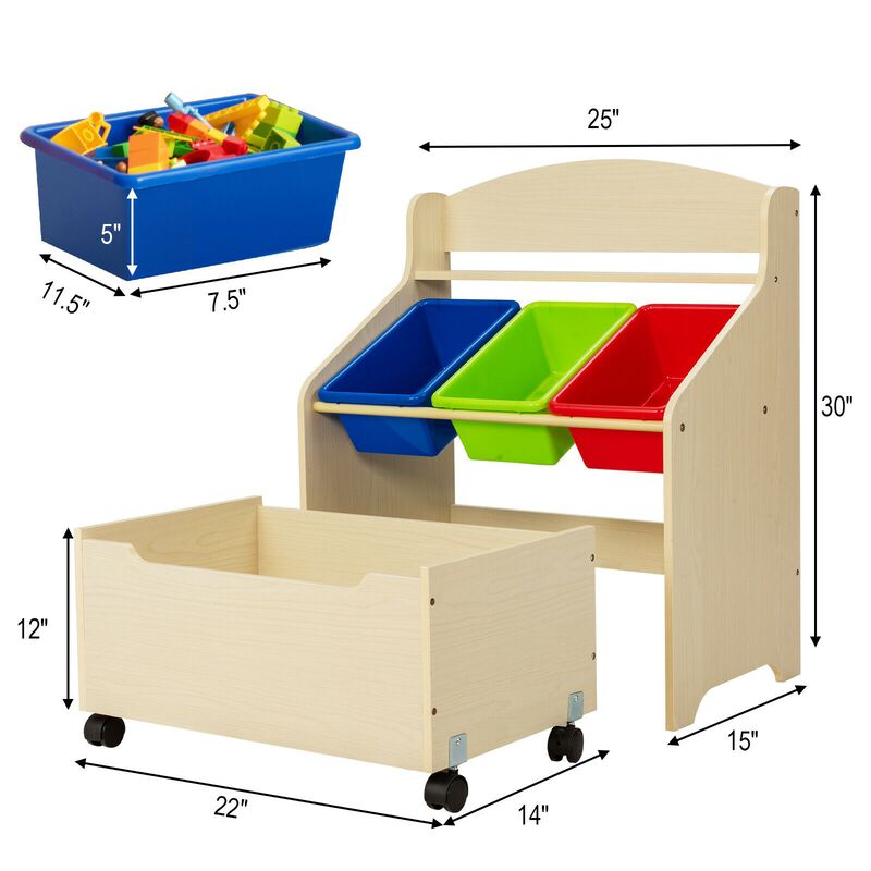 Children&rsquo;s Rolling Toy Storage Unit with Wooden Frame and Plastic Bins