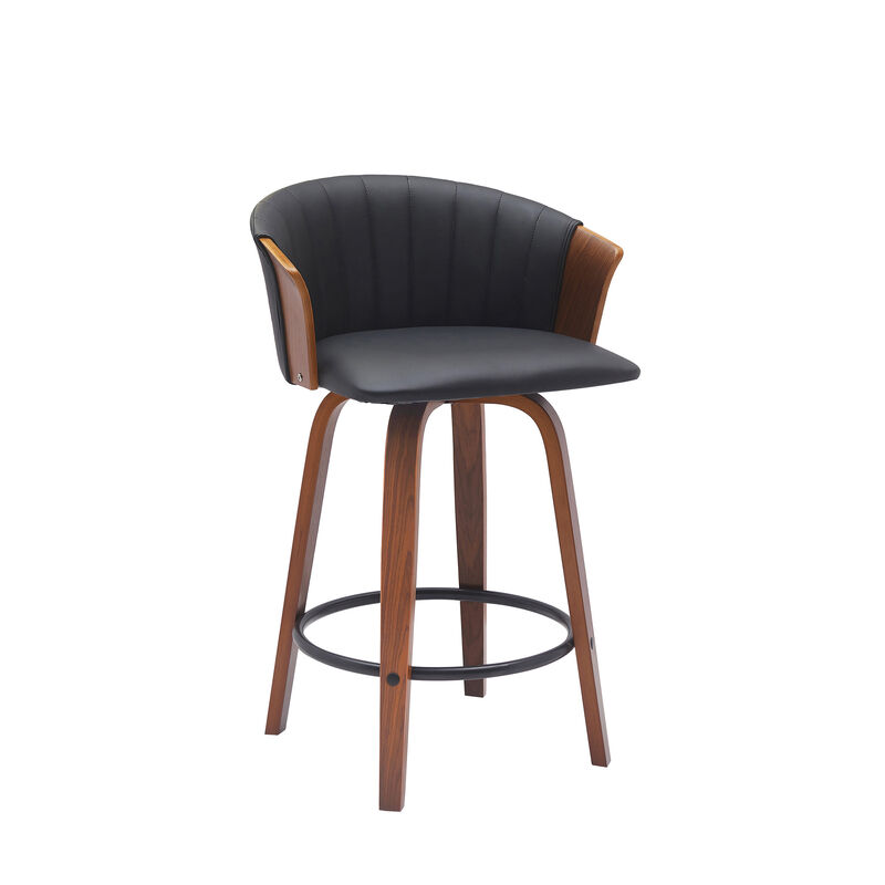 HomeRoots 26" Black and Wood Brown Faux Leather with Solid Wood Swivel Counter Height Bar Chair image number 2