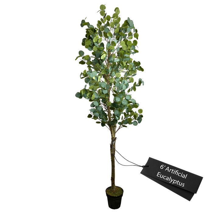 Handmade 6' Artificial Eucalyptus Tree In Home Basics Plastic Pot Made with Real Wood and Moss Accents
