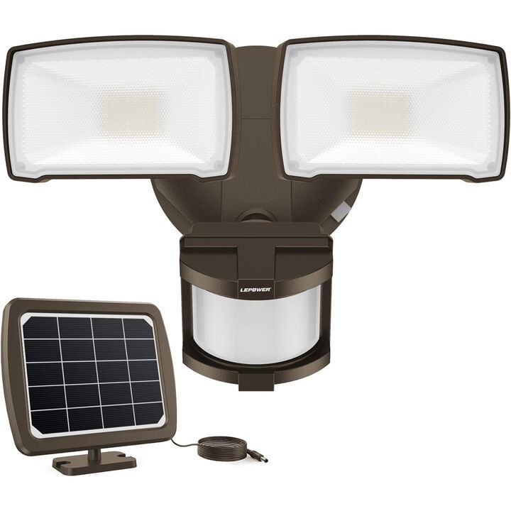 LEPOWER LED Solar Security Lights, 1000LM Solar Powered Flood Lights Outdoor, 2 Head Solar Powered Flood Lights, 5500K, IP65 Waterproof for Garage